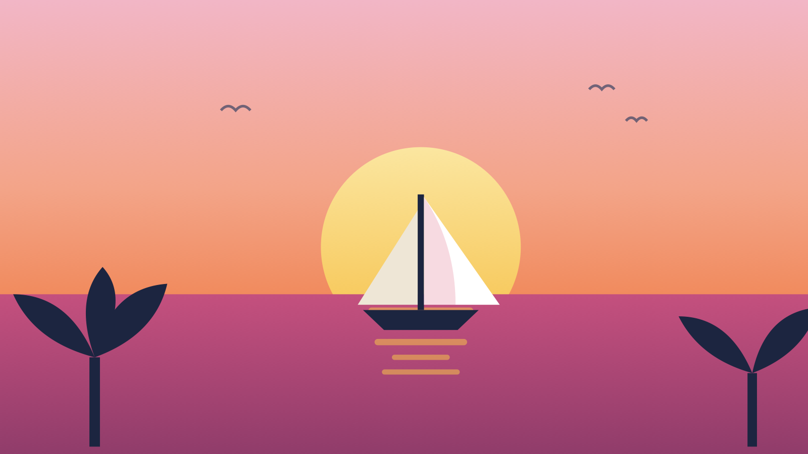夕日の海に浮かぶヨットのイラスト