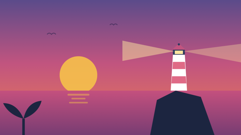 夕暮れの海を照らす灯台のイラスト(自分の現在地を知るイメージ)