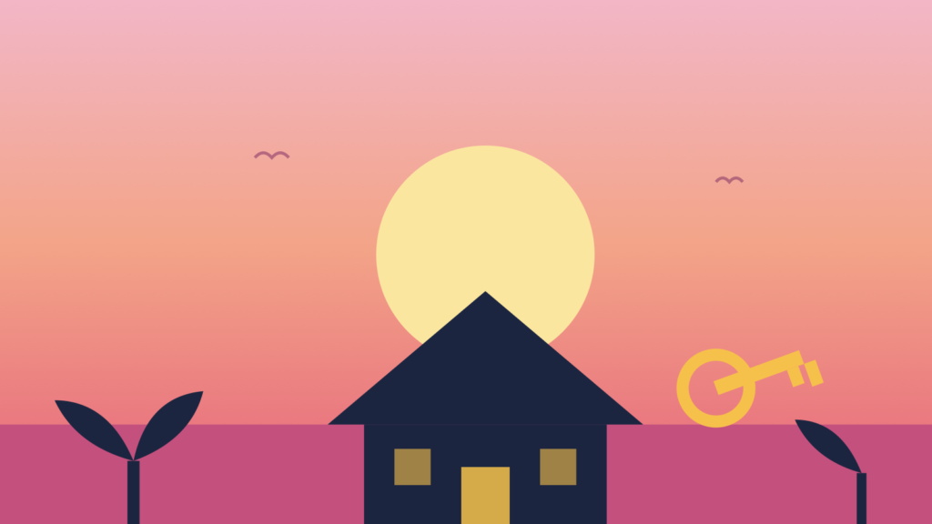夕日と家、鍵のイラスト（財産・生前整理のイメージ）
