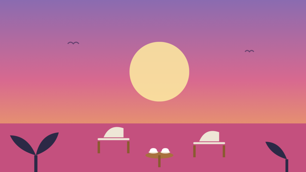夕日と向かい合う2つの椅子とお茶のイラスト（親との対話のイメージ）