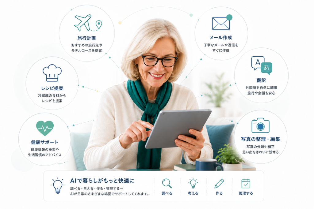 AIを使って旅行計画やメール作成、翻訳、健康管理などを楽しむシニア女性