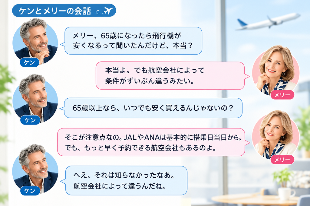 シニア向け航空券の割引について会話するケンとメリー
